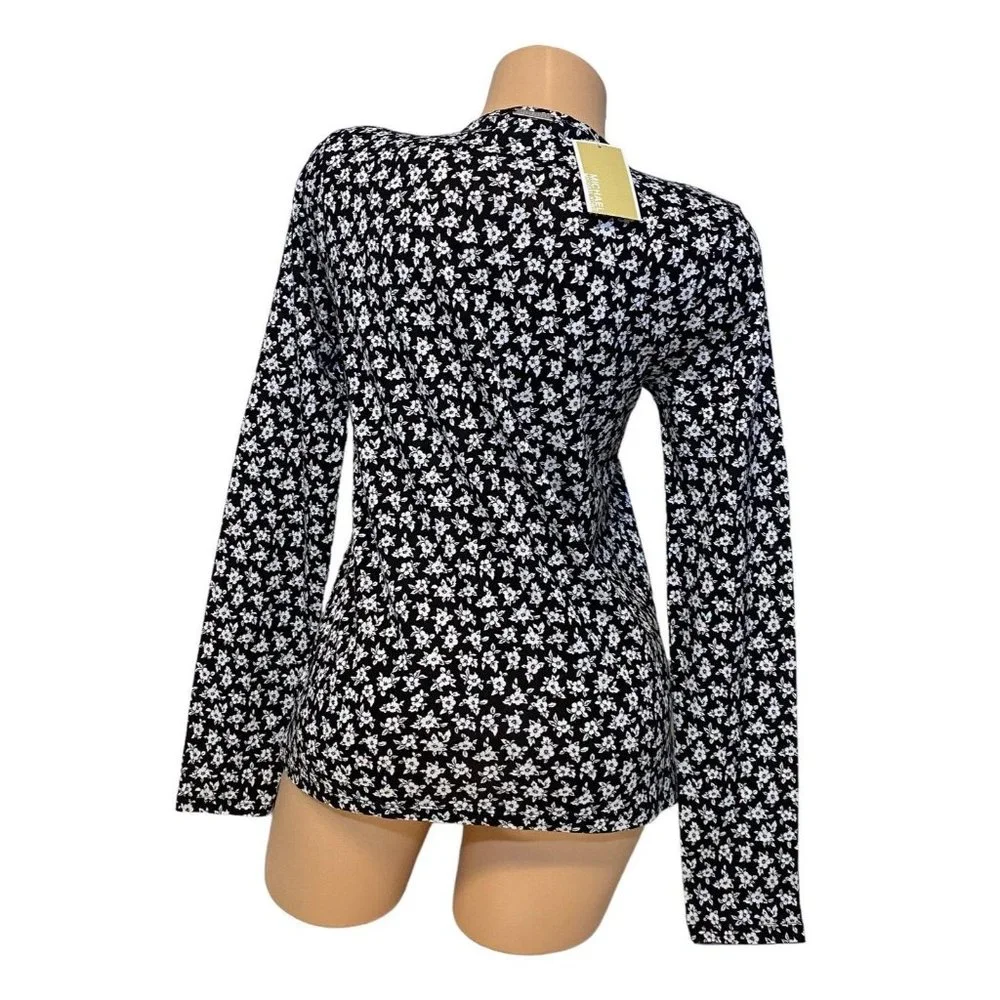 Michael Kors Women's MEDIUM Long Sleeve Print Wrap Top Floral Black White Blouse